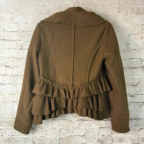 Anthropologie Elevenses Frilled Echelons Peacoat Size 4 Brown Ruffle Jacket Wool - Picture 7 of 8